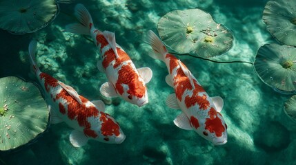 Tranquil Pond Scene with Orange and White Fish Swimming Among Lily Pads in Clear Water