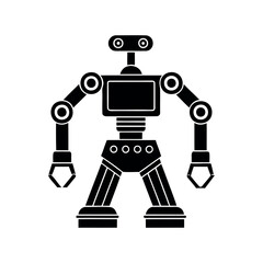 Stylized black and white robotic figure with circular joints and claw hands