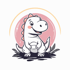 Adorable Cartoon White Dinosaur Sitting Amongst Leaves with Pink Arch on White Background Keywords: dinosaur, cartoon, cute, white, baby, prehistoric, reptile, animal, character
