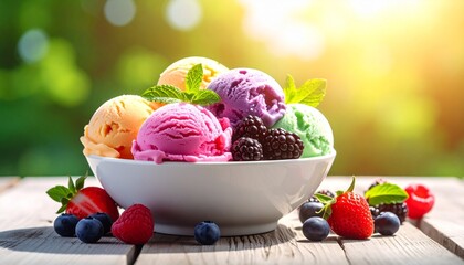 White bowl of colorful ice cream scoops with fresh berries and mint on wooden surface in sunny outdoor setting.