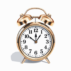 Classic Gold Twin Bell Alarm Clock with Black Numbers and Hands on White Background Keywords: alarm clock, table clock, gold, metallic, twin bell, vintage, retro, timepiece