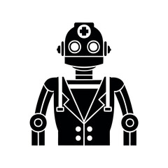 Monochrome medical robot icon resembling a doctor with a health symbol