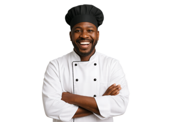 a smiling chef with hands crossed on white background