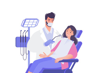 Dentist examining female patient teeth. Dentistry visual concept vector flat cartoon illustration.