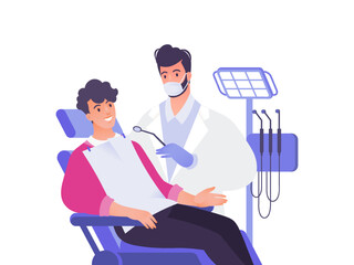 Dentist examining male patient teeth. Dentistry visual concept vector flat cartoon illustration.