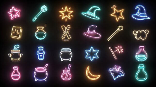 Neon-outlined magic icons stars, wands, hats, potions, books, and cauldrons on black