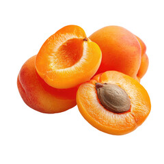 Close-up of ripe apricots, halves and whole, against a black background.  Juicy, orange-yellow flesh, with visible pit/seed.  Fresh, appetizing