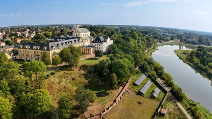 Aerial view of scenic Holy trinity Cathedral on the hill over the Bug River in Drohiczyn