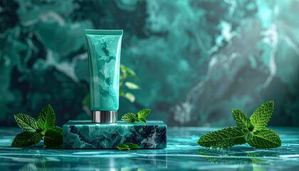Mint-themed cosmetic tube on marbled pedestal with swirling green background and fresh mint leaves.