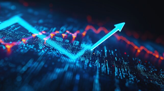Digital financial chart with upward trend arrow representing stock market growth and economic success