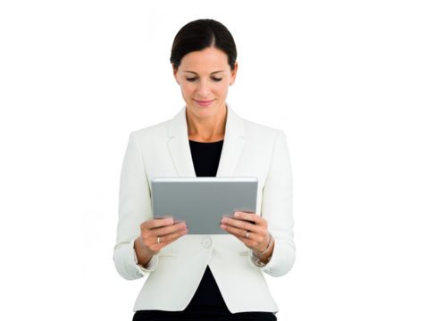 Businesswoman tablet technology professional white suit digital female isolated confident modern smiling adult communication office executive entrepreneur leadership corporate success business
