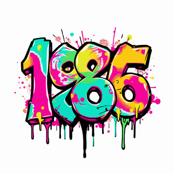 Bright 1986 graffiti numbers with vibrant paint splatters and drips on white background year