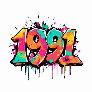 Energetic 1991 graffiti art with multi-colored paint splatters and drips on white urban style