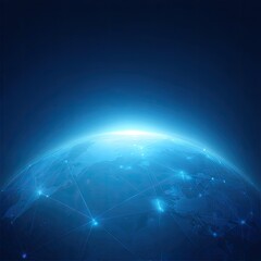 A global network map of the Earth, showcasing connections and global interconnectivity, in a vibrant blue and dark background.