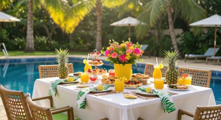 Outdoor dining poolside setting
