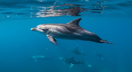 Fototapeta premium Graceful dolphin swimming in clear blue ocean water.