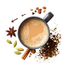 Aromatic spiced tea in a mug, surrounded by various spices (1)