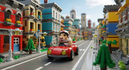 A cheerful hamster character wearing a white helmet drives a classic red toy brick convertible car with a joyful expression.