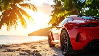 Red sports car on tropical beach at sunset