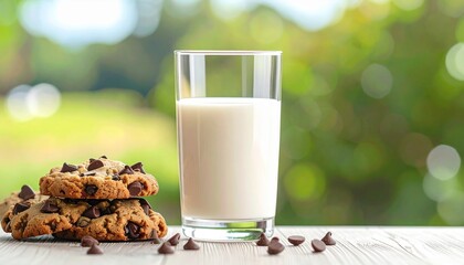 Chocolate chip cookies with dark chocolate chunks and milk in glass bottle and cup on rustic surface with warm lighting