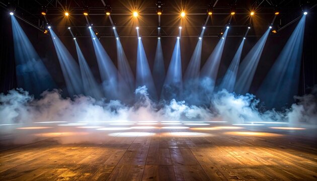 Stage setup with multiple spotlights cutting through smoky atmosphere, reflective floor, and theatrical ambiance for live performance