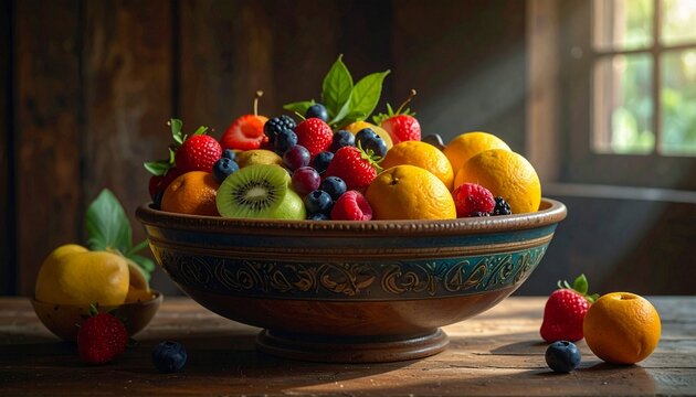 Ceramic bowl filled with fresh fruits—lemons, kiwis, strawberries, raspberries, blueberries, blackberries—on rustic table with warm natural light