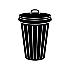 Simple black and white illustration of a trash can with a lid