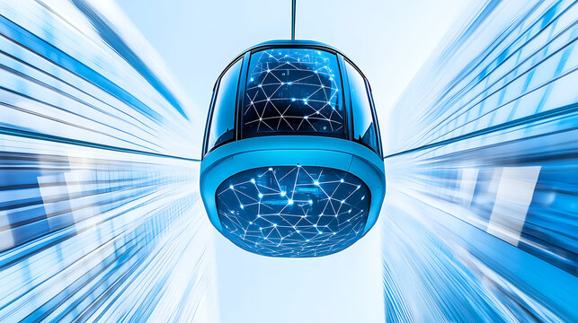 Futuristic Cable Car with Network Design Suspended Between High-Rise Buildings