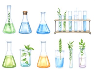 Watercolor illustration of various science lab glassware with herbs