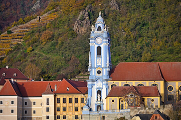 Church and old buildings in Durnstein, Wachau Valley, Austria,autumn season