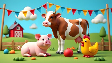 Obraz premium Cute Farm Animals Festive Barn Scene