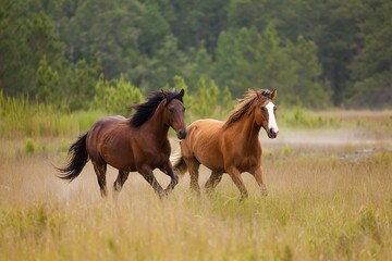A mare and her foal grazing on a green pasture with another horse in the distance