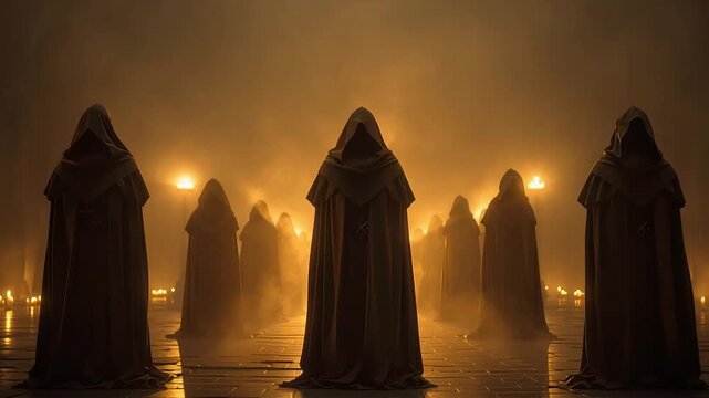 A Group of Monks in Dark Robes Standing in a Surreal, Misty Hallway Illuminated by Golden Light