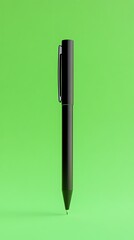 A realistic office pen stand mockup with a branded logo on a green background