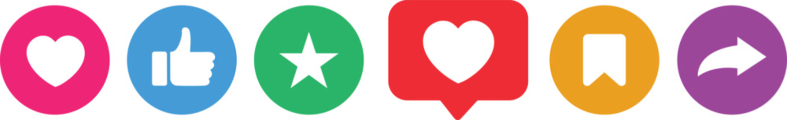 Social Media Reaction Icons. Like, love, heart, thumb up, repost, comment, share, save