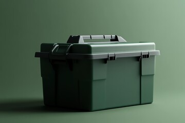 A mockup of a branded maintenance storage box on a green background