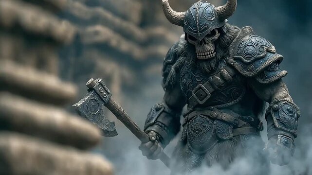 A Skeletal Minotaur in Ornate Blue Armor and a Horned Helmet Holding a Broken Axe in a Misty Fantasy Setting