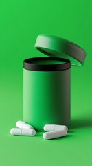 A realistic earplug container mockup with a branded logo on a green background