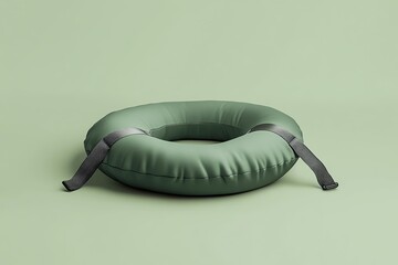 A mockup of a branded travel pillow strap on a green background
