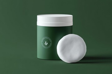 A realistic cotton pad holder mockup with a branded logo on a green background
