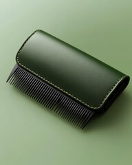 A mockup of a branded comb case on a green background