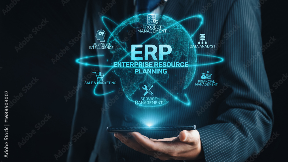 Poster erp platform visual showing centralized system for enterprise resource planning, improving integrati