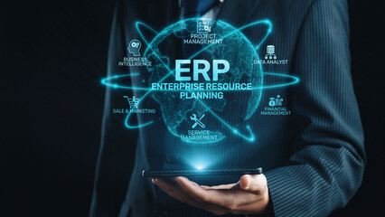 ERP platform visual showing centralized system for enterprise resource planning, improving integration, data flow, business efficiency, finance, inventory, and human resources. Elide