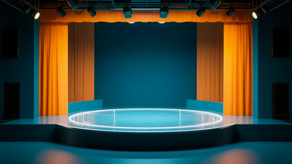 Modern Stage Design: Teal and Orange Minimalist Presentation Platform with Illuminated Circular Podium.