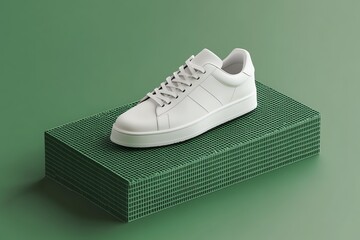 A mockup of a branded shoe rack on a green background