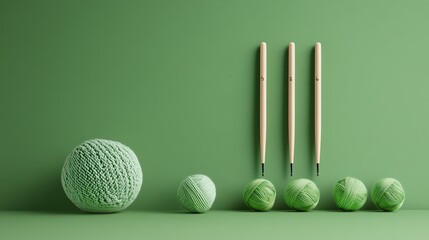 A realistic mockup of a branded knitting needle set on a green background