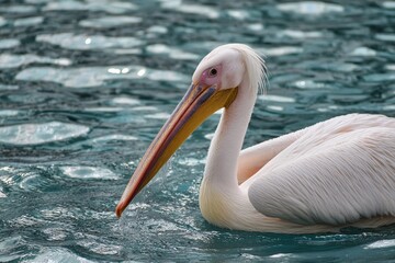 Wild brown pelicans with their distinctive beaks stand on the beach and in the water