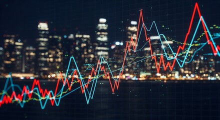 Obraz premium A glowing financial stock market graph overlaid on a modern city skyline at night. Represents global business, investment, trading, and economic analysis.