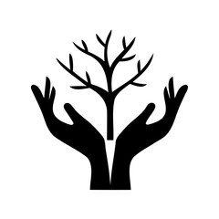 Two hands cradle a bare tree, symbolizing care and environmental protection
