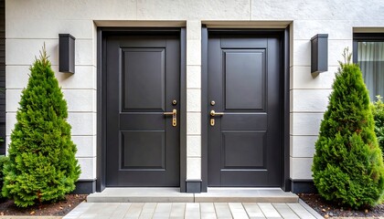 Two matching black doors on a white building